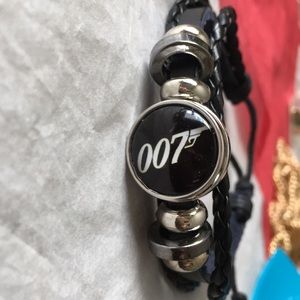 Silver  & black leather adjustable 007 bracelet